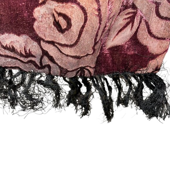 HOLIDAY Velvet Devore burnout burgundy rose print scarf silk fringe - Picture 3 of 4